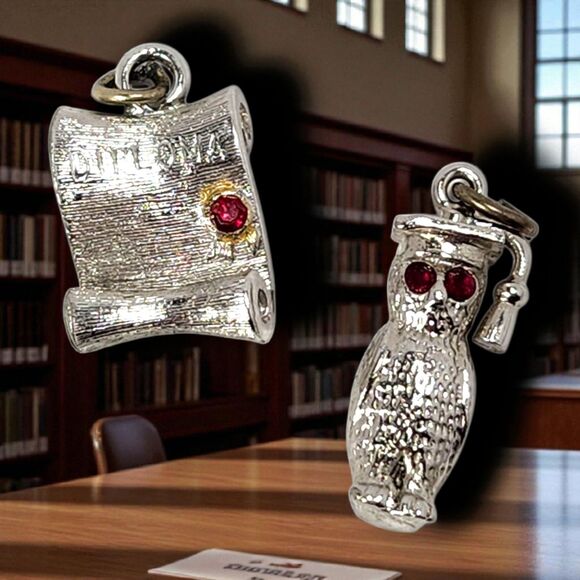 Vintage Sterling Silver Graduation Charms Set Owl w/ Red Eyes + Diploma Scroll - Picture 1 of 10